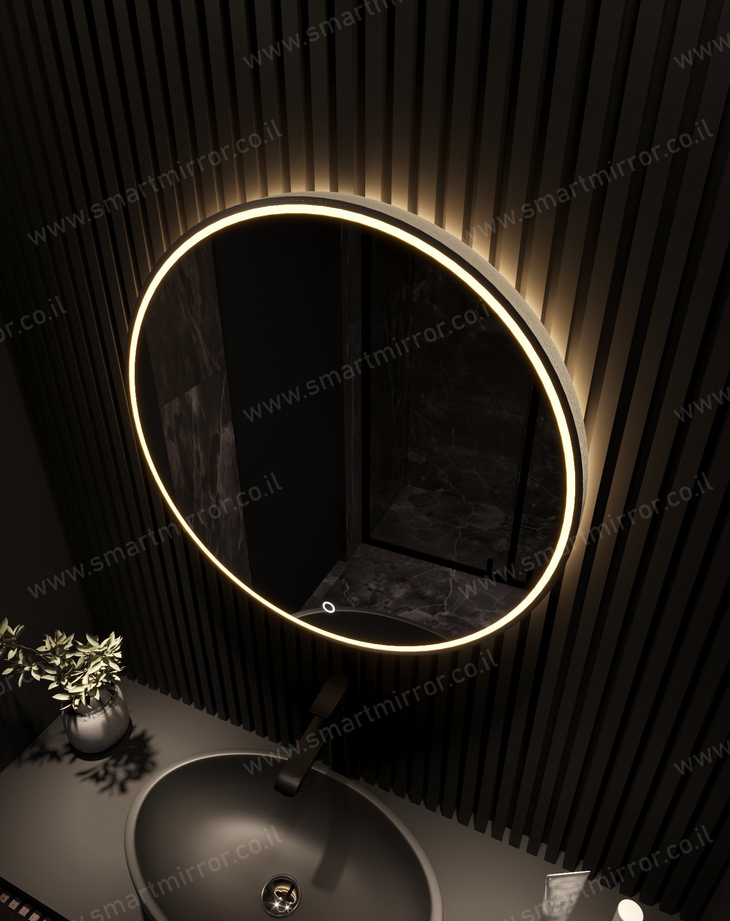 מראה עגולה עם תאורת LED קדמית ואחורית, מסגרת שחורה