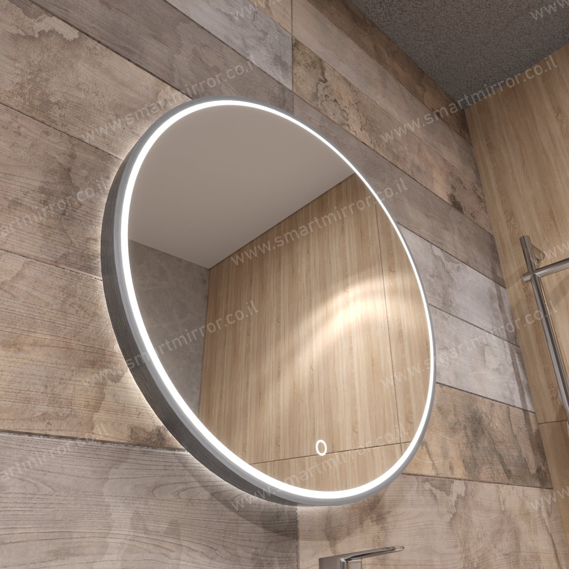 מראה עגולה עם תאורת LED קדמית ואחורית, מסגרת אפור כהה