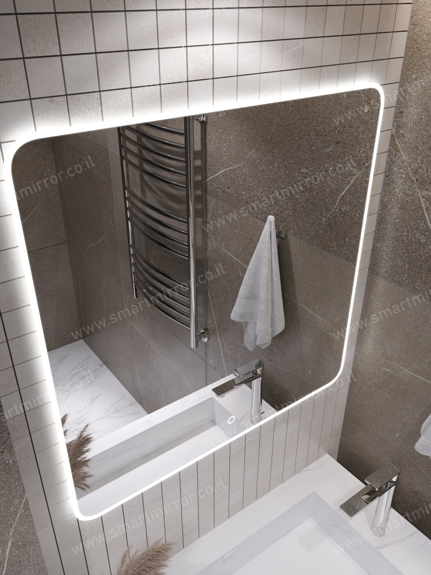 מראה מרובעת עם תאורת LED קדמית ואחורית, ללא מסגרת