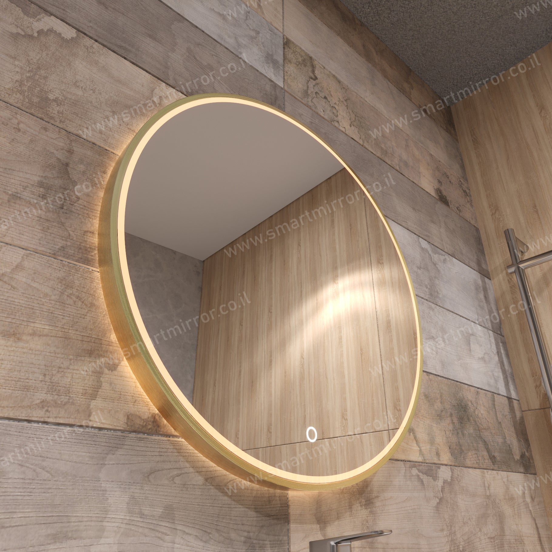 מראה עגולה עם תאורת LED קדמית ואחורית, מסגרת זהב