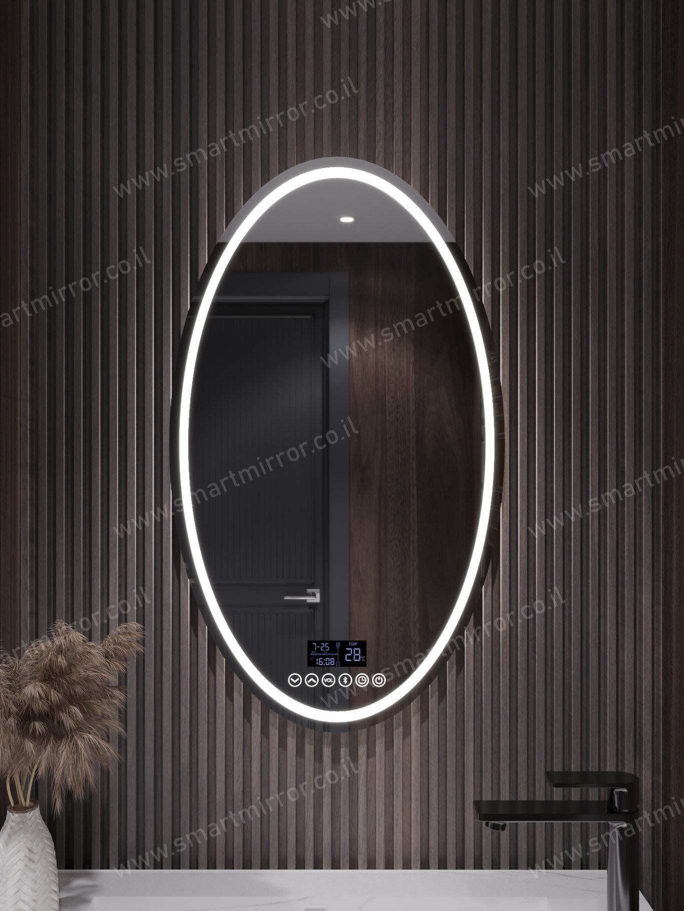 מראה אליפטית עם תאורת LED קדמית ואחורית