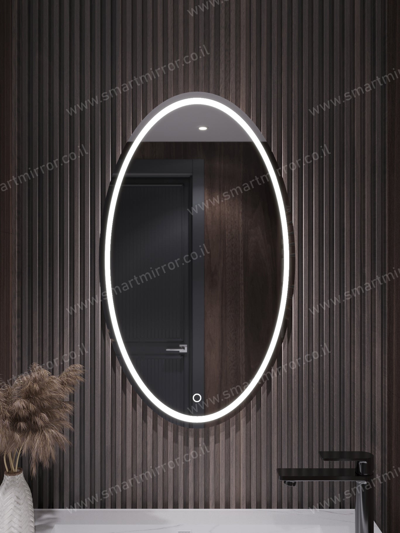 מראה אליפטית עם תאורת LED קדמית ואחורית