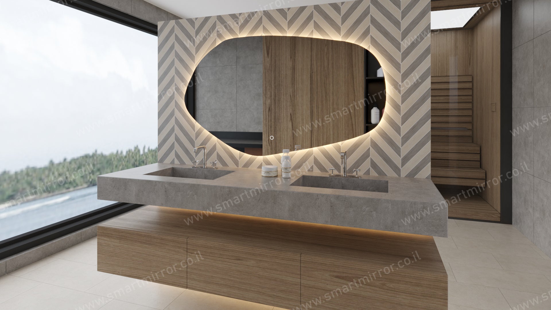 מראה סלע דגם סטון עם תאורת LED אחורית