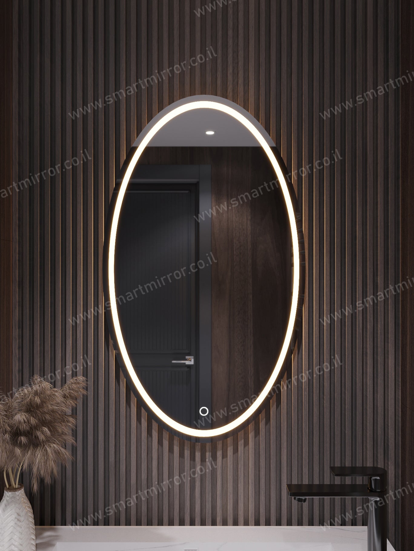 מראה אליפטית עם תאורת LED קדמית ואחורית