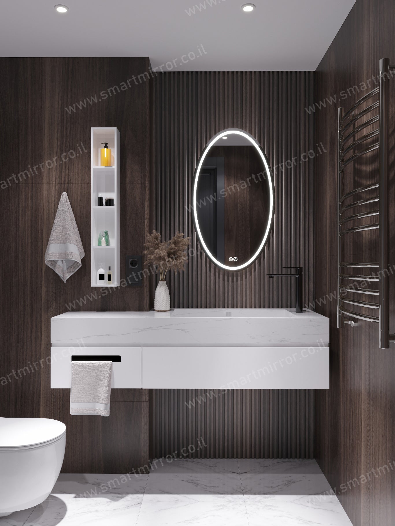 מראה אליפטית עם תאורת LED קדמית ואחורית