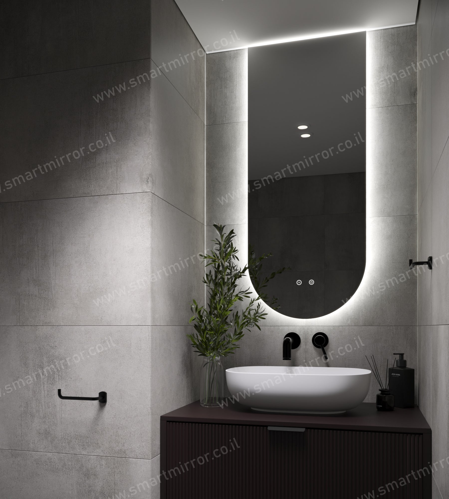 מראה חצי אובלית הפוכה עם תאורת LED אחורית