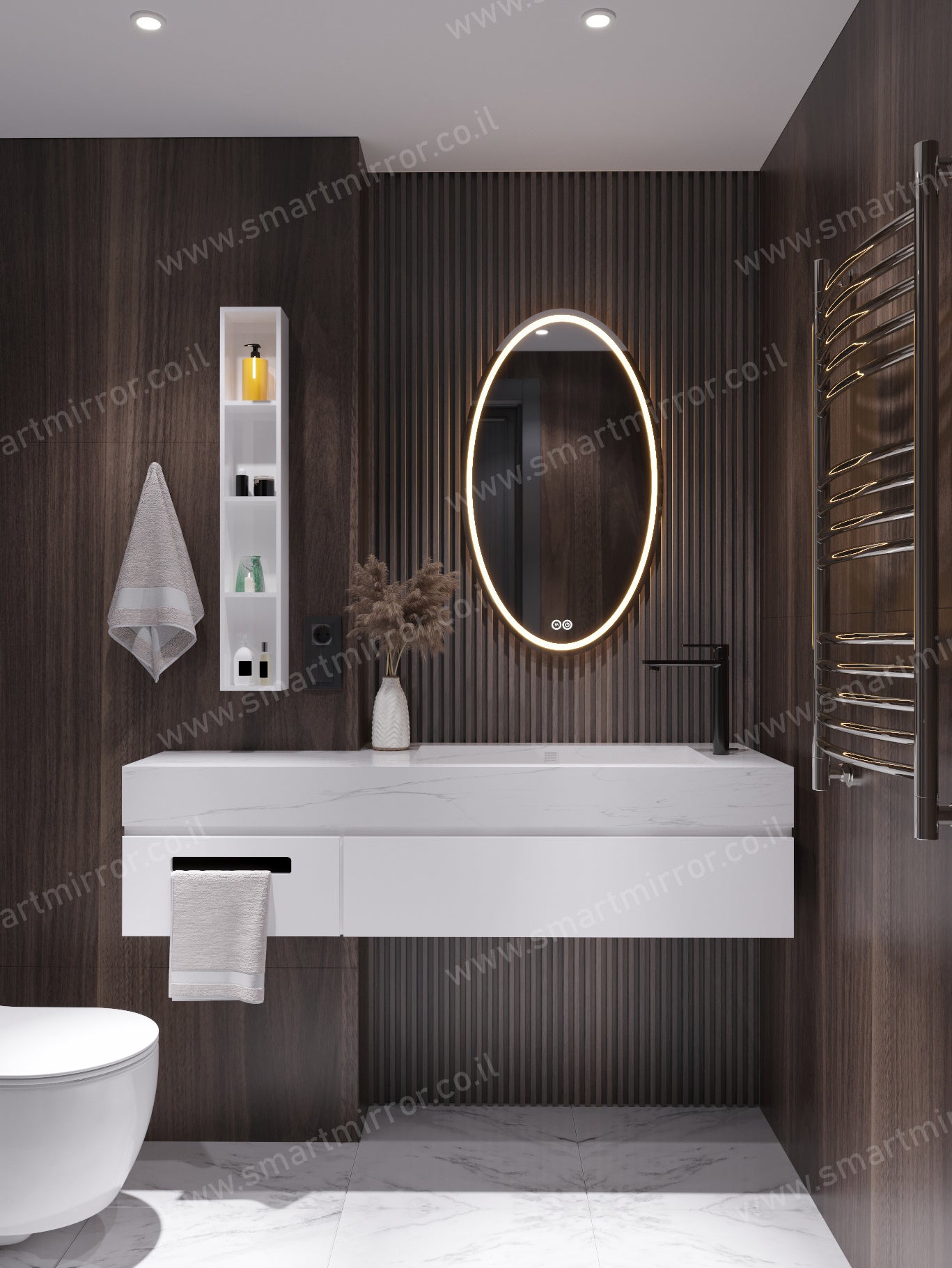 מראה אליפטית עם תאורת LED קדמית ואחורית