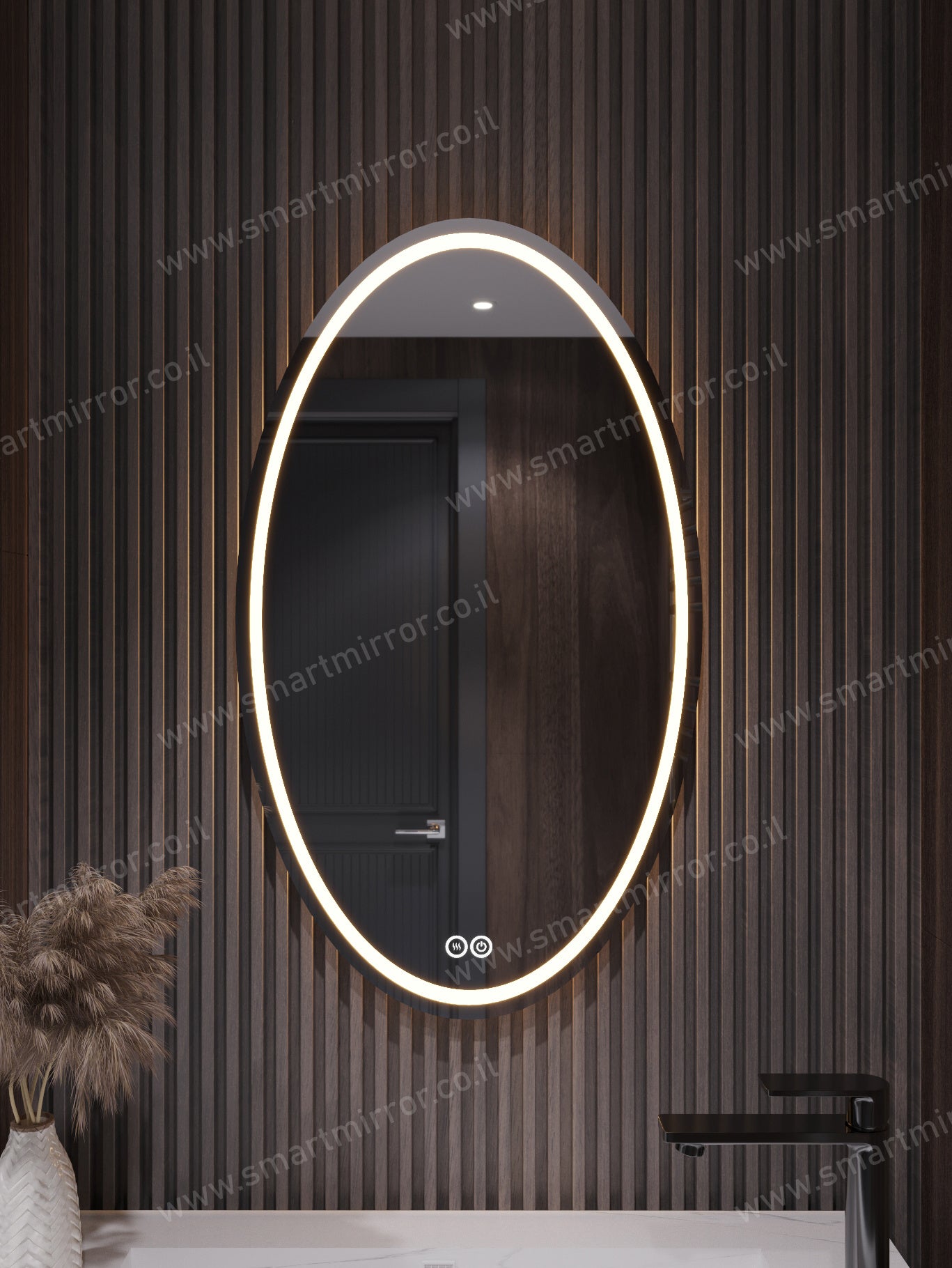 מראה אליפטית עם תאורת LED קדמית ואחורית