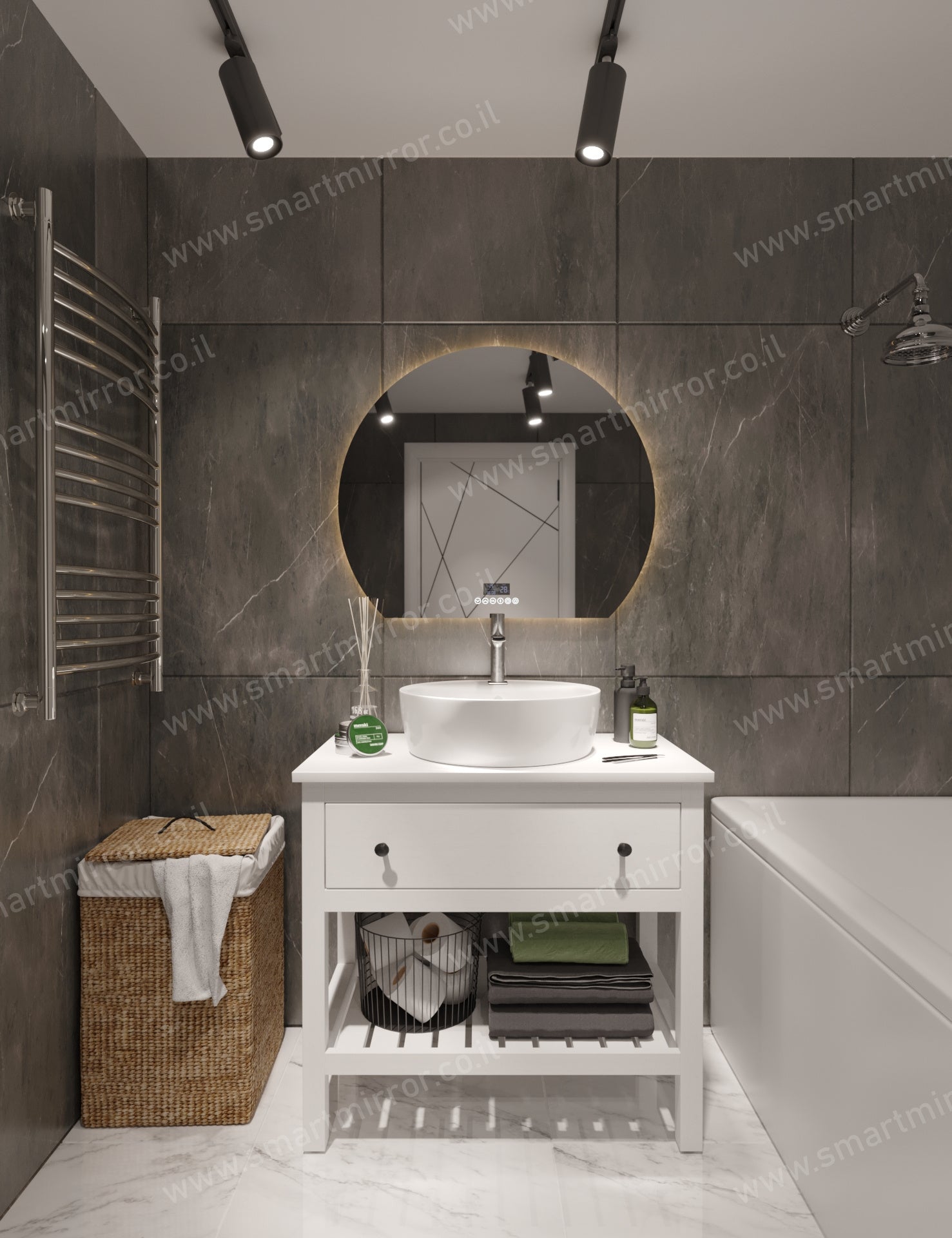 מראה 3/4 עגולה עם תאורת LED אחורית ,ללא מסגרת