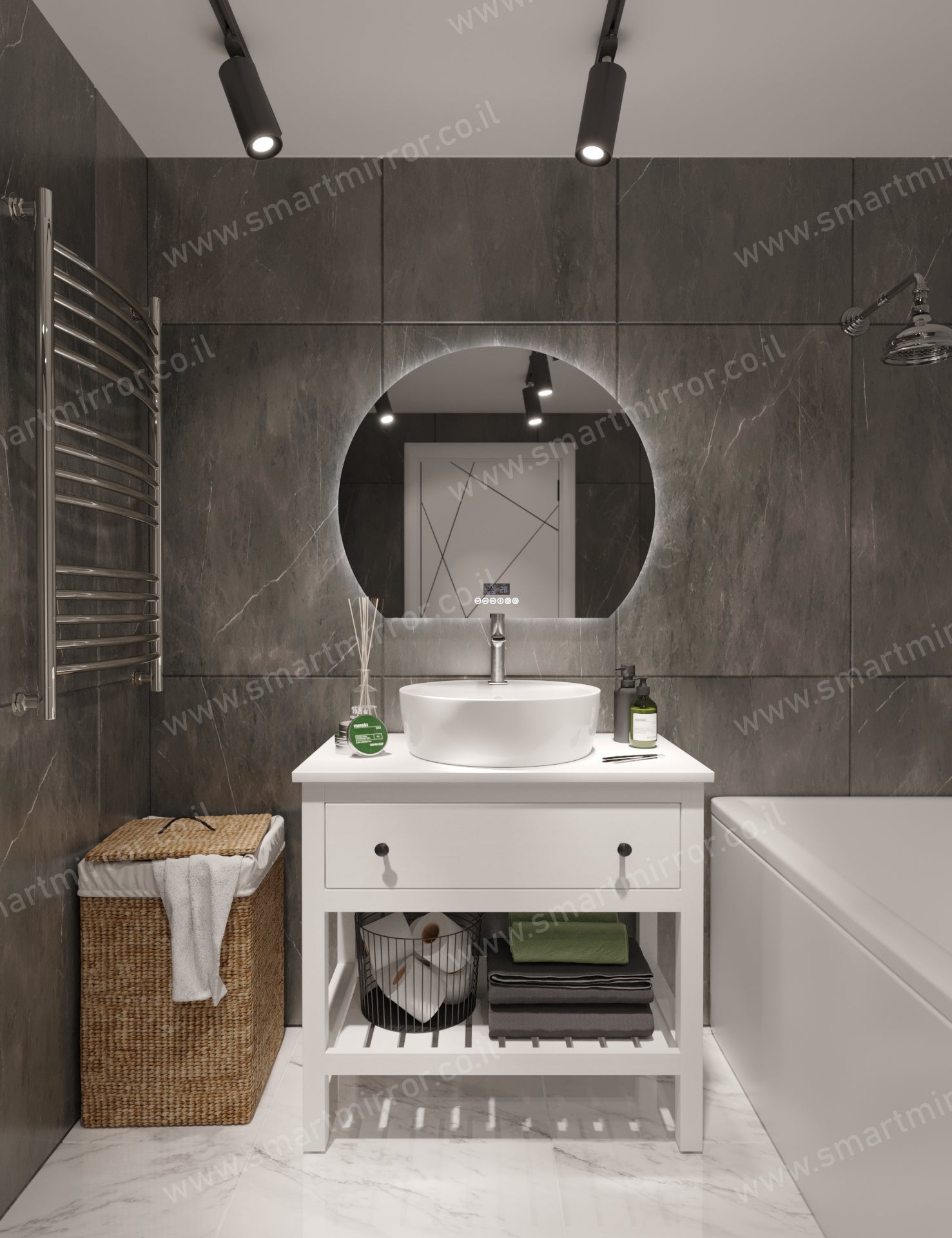 מראה 3/4 עגולה עם תאורת LED אחורית ,ללא מסגרת