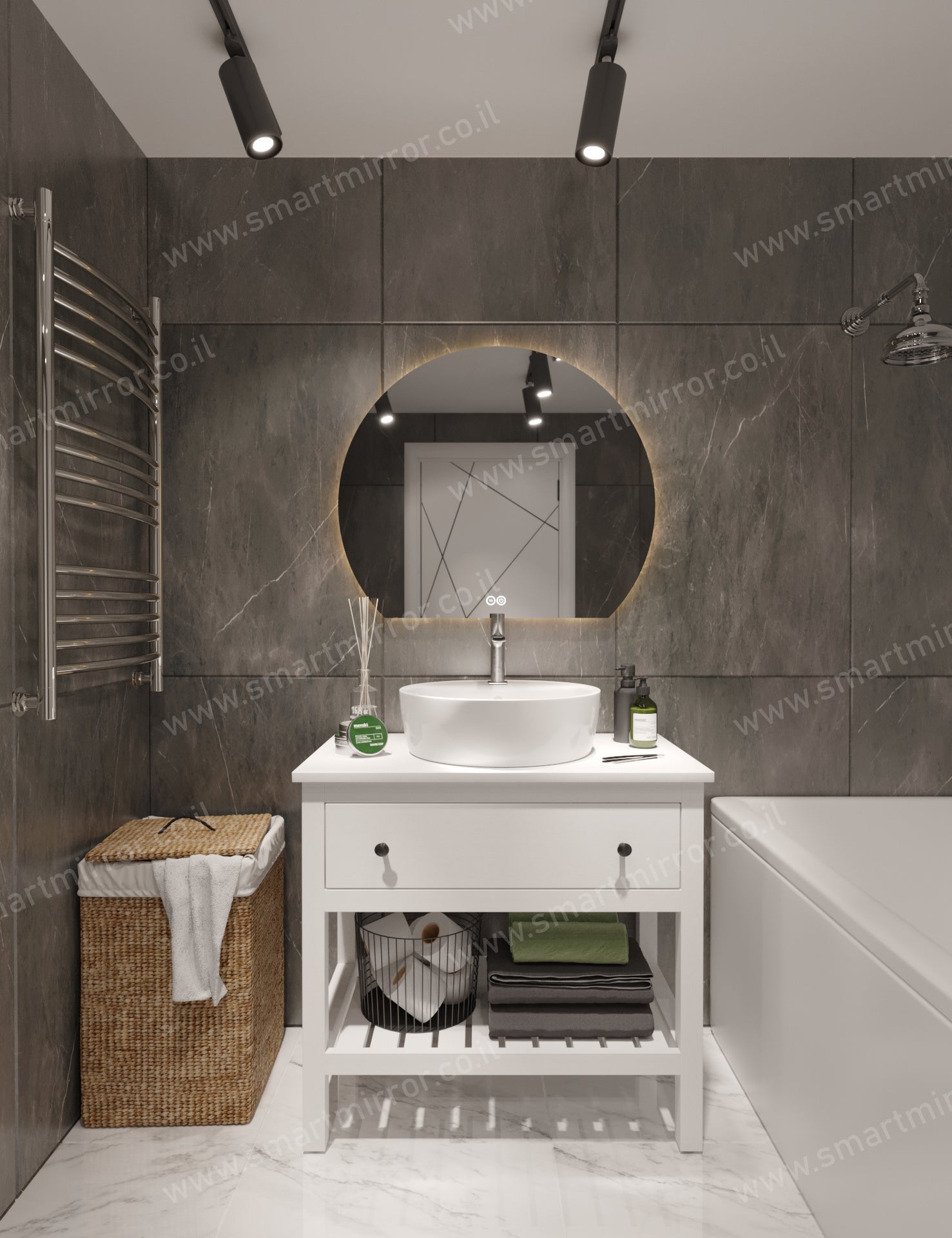 מראה 3/4 עגולה עם תאורת LED אחורית ,ללא מסגרת