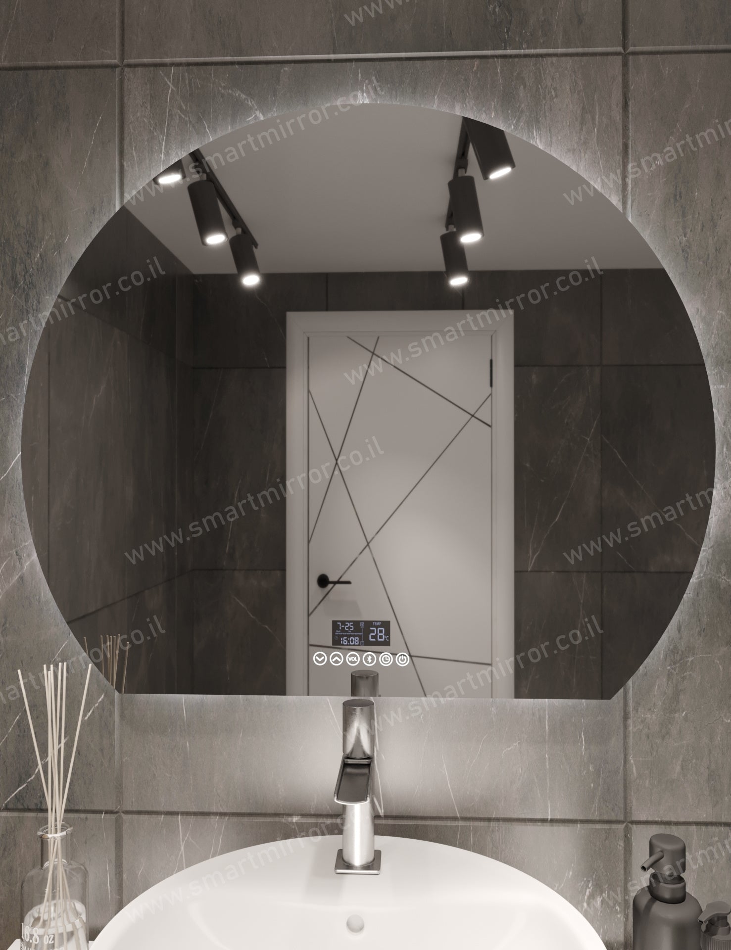 מראה 3/4 עגולה עם תאורת LED אחורית ,ללא מסגרת