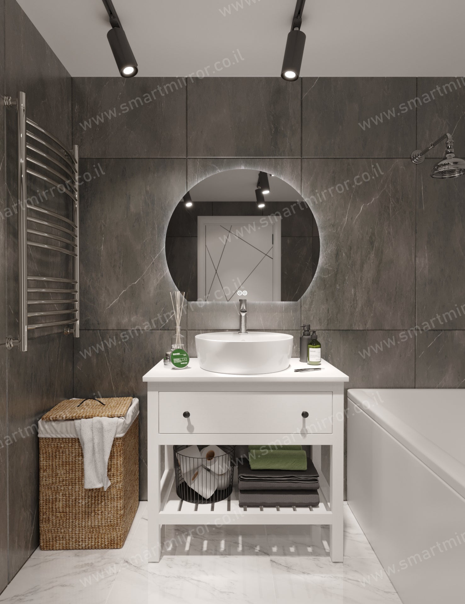 מראה 3/4 עגולה עם תאורת LED אחורית ,ללא מסגרת