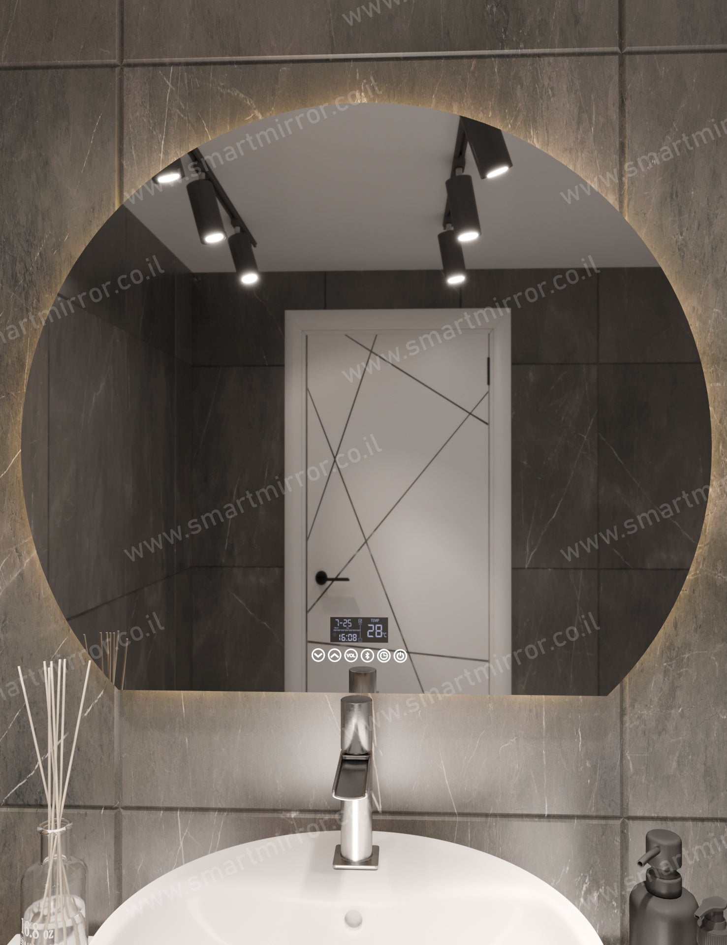 מראה 3/4 עגולה עם תאורת LED אחורית ,ללא מסגרת