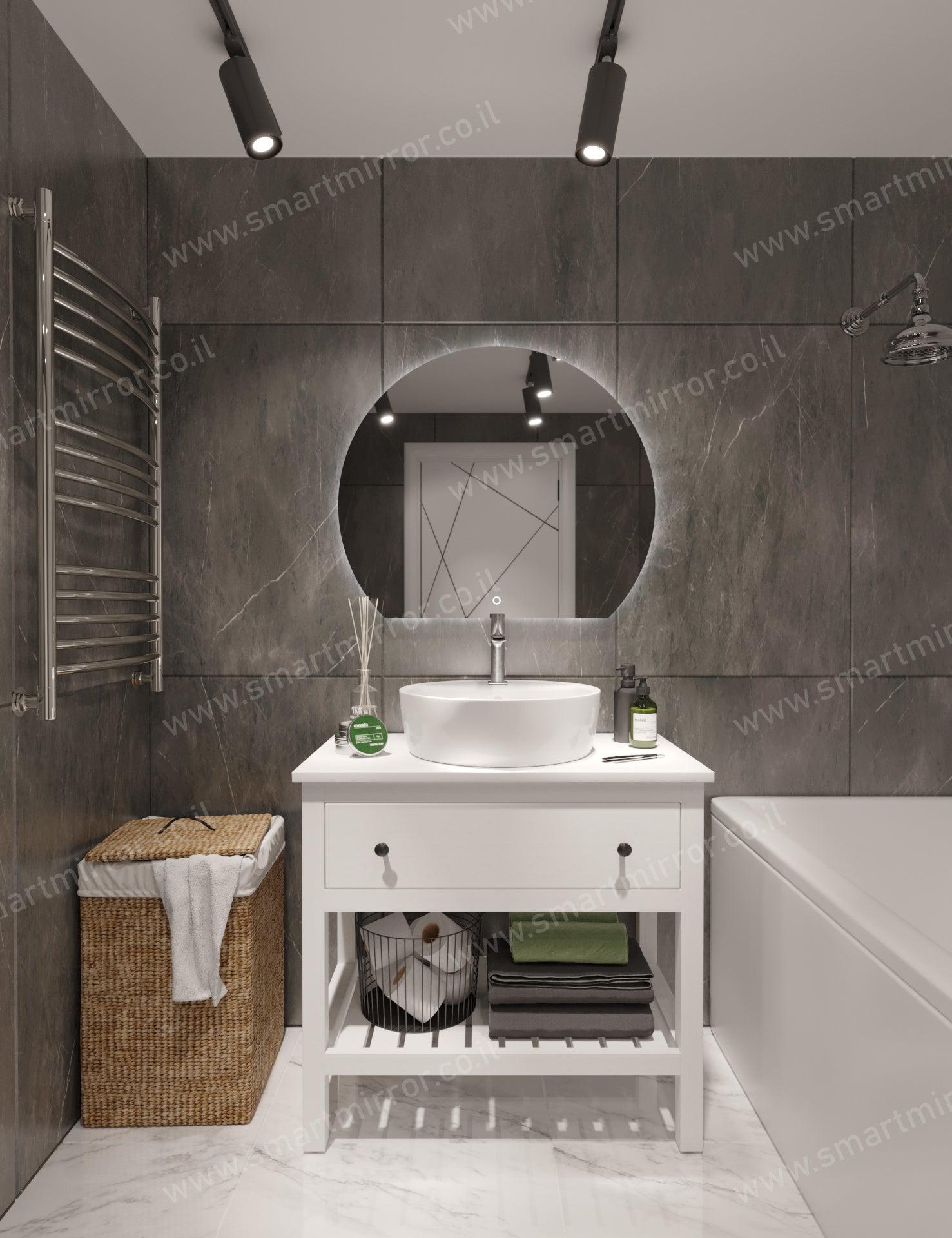 מראה 3/4 עגולה עם תאורת LED אחורית ,ללא מסגרת