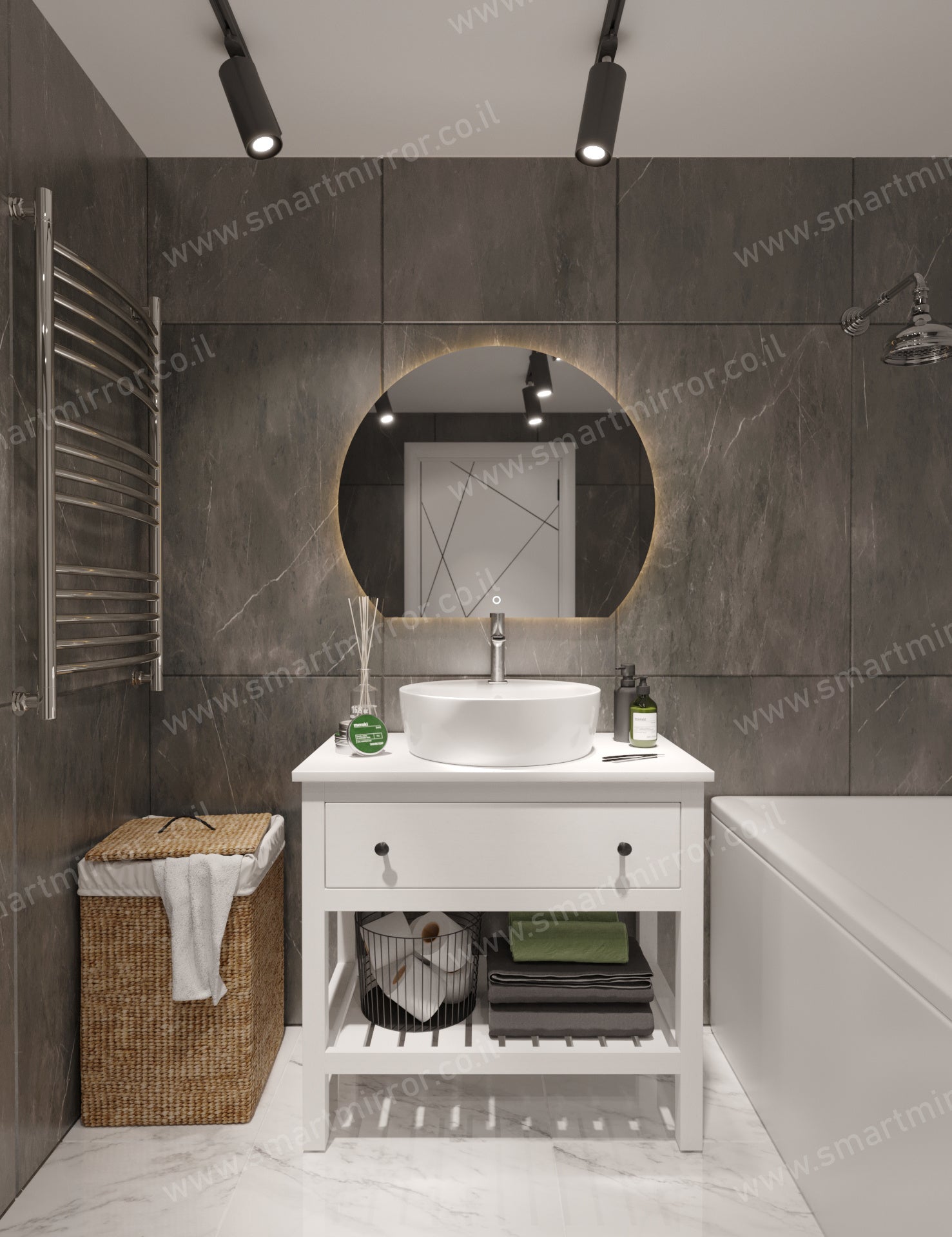 מראה 3/4 עגולה עם תאורת LED אחורית ,ללא מסגרת