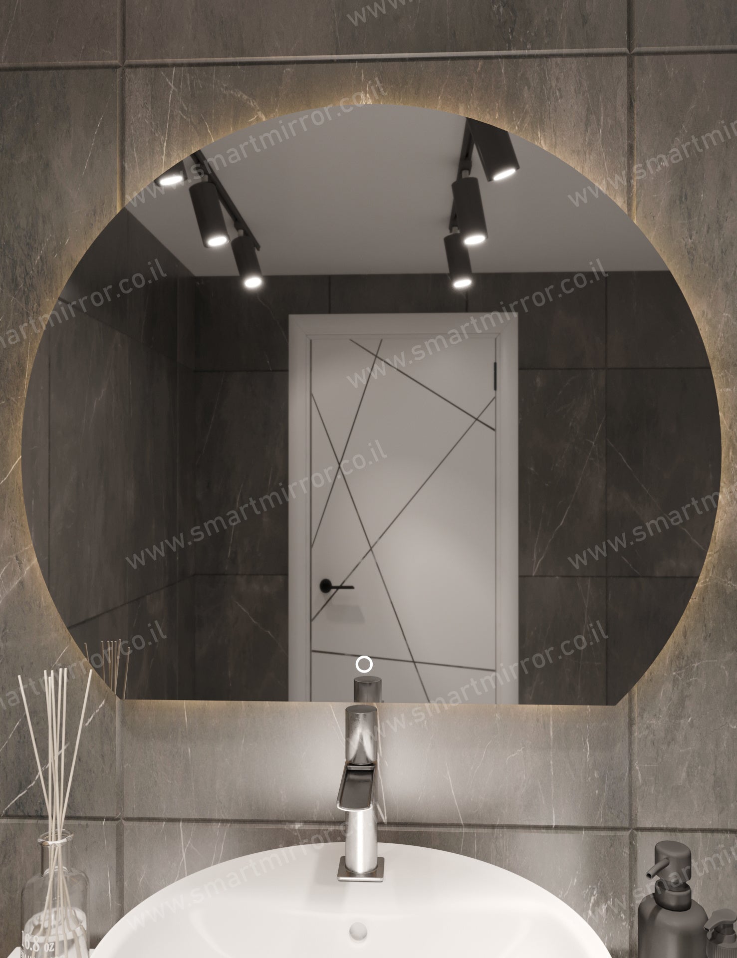 מראה 3/4 עגולה עם תאורת LED אחורית ,ללא מסגרת